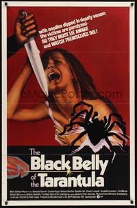 2h090 BLACK BELLY OF THE TARANTULA 1sh '72 art of huge spider, terrified girl attacked by knife!