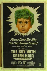 2h114 BOY WITH GREEN HAIR 1sh '48 huge headshot of Dean Stockwell, a kid who wants to end war!