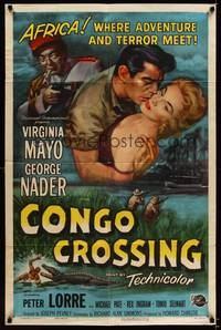 2h177 CONGO CROSSING 1sh '56 art of Peter Lorre pointing gun at Virginia Mayo & George Nader!