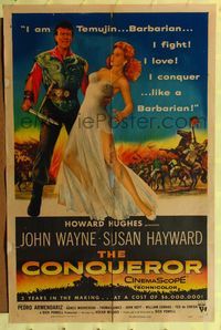 2h178 CONQUEROR 1sh '56 barbarian John Wayne grabs half-dressed sexy Susan Hayward!