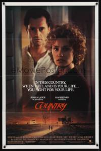 2h183 COUNTRY 1sh '84 farmers Jessica Lange & Sam Shepard fight for their lives!