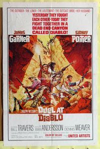 2h244 DUEL AT DIABLO 1sh '66 really cool art of Sidney Poitier & James Garner surrounded!