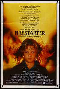 2h291 FIRESTARTER 1sh '84 close up of creepy eight year-old Drew Barrymore, sci-fi!