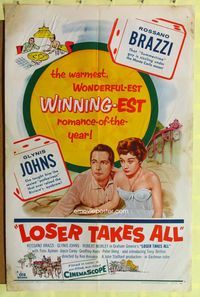2h499 LOSER TAKES ALL 1sh '57 artwork of Rossano Brazzi, Glynis Johns in nightie!