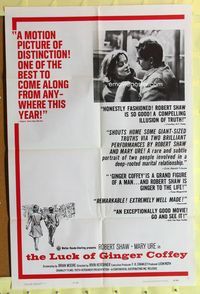 2h507 LUCK OF GINGER COFFEY 1sh '64 cool close up of Robert Shaw & Mary Ure!