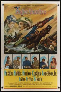 2h521 MAJOR DUNDEE 1sh '65 Sam Peckinpah, Charlton Heston, dramatic Civil War battle art!