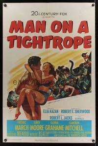 2h530 MAN ON A TIGHTROPE 1sh '53 directed by Elia Kazan, pretty circus performer Terry Moore!