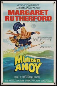 2h583 MURDER AHOY 1sh '64 funny art of Margaret Rutherford water skiing one-handed!