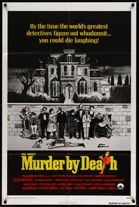 2h586 MURDER BY DEATH int'l 1sh '76 great Charles Addams artwork of cast by dead body & house!