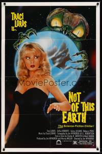 2h624 NOT OF THIS EARTH 1sh '88 Traci Lords, artwork of creepy bug-eyed alien!