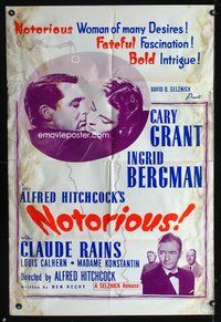2h625 NOTORIOUS 1sh R60s Cary Grant, Ingrid Bergman, fateful fascination, bold intrigue!