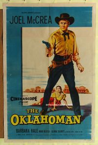 2h633 OKLAHOMAN 1sh '57 art of cowboy Joel McCrea w/revolver, Native American Gloria Talbot!