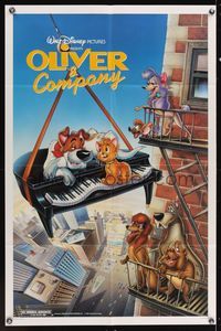 2h637 OLIVER & COMPANY 1sh '88 great art of Walt Disney cats & dogs in New York City!