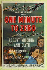 2h638 ONE MINUTE TO ZERO 1sh '52 Robert Mitchum, Howard Hughes, cool artwork of early jets!
