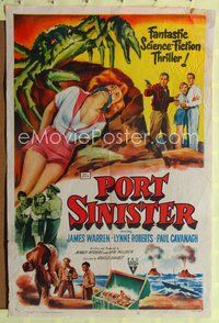 2h677 PORT SINISTER 1sh '53 great art of man shooting at giant mutant crab attacking bound girl!
