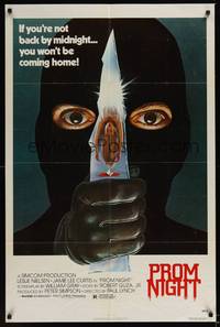 2h687 PROM NIGHT 1sh '80 Jamie Lee Curtis won't be coming home if she's not back by midnight!