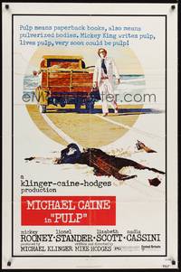2h690 PULP 1sh '72 Michael Caine, wild murder artwork of girl run over by truck!
