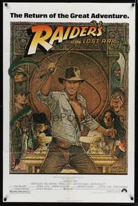 2h692 RAIDERS OF THE LOST ARK 1sh R80s great art of adventurer Harrison Ford by Richard Amsel!