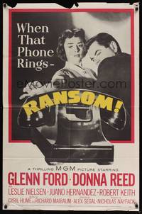 2h696 RANSOM 1sh '56 great image of Glenn Ford & Donna Reed waiting for call from kidnapper!