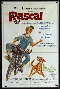 2h697 RASCAL 1sh '69 Walt Disney, great art of Bill Mumy on bike with raccoon & dog!