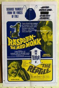2h698 RASPUTIN THE MAD MONK/REPTILE 1sh '66 wacky Hammer double-bill, free Rasputin beards!