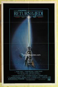 2h708 RETURN OF THE JEDI 1sh '83 George Lucas classic, great artwork of hands holding lightsaber!