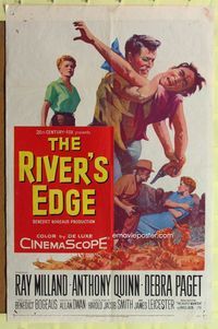 2h723 RIVER'S EDGE 1sh '57 Ray Milland & Anthony Quinn fighting, Debra Paget!