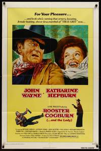2h730 ROOSTER COGBURN 1sh '75 great art of John Wayne with eye patch & Katharine Hepburn!
