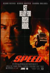 2h799 SPEED style A advance 1sh '94 huge close up of Keanu Reeves & bus driving through flames!
