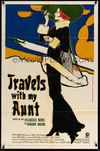 2h909 TRAVELS WITH MY AUNT 1sh '72 from Graham Greene's novel, cool Art Nouveau-style art!