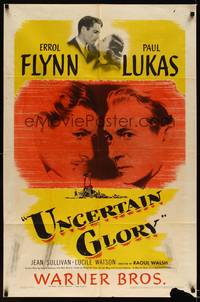 2h927 UNCERTAIN GLORY 1sh '44 art of French Errol Flynn face-to-face with Nazi Paul Lukas!