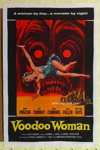 2h946 VOODOO WOMAN 1sh '57 sexy Albert Kallis horror art, woman by day, a monster by night!