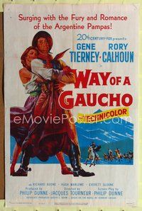 2h956 WAY OF A GAUCHO 1sh '52 great artwork of Gene Tierney & Rory Calhoun!