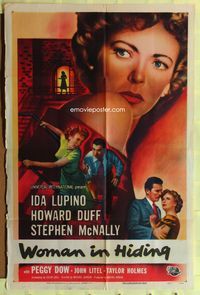 2h982 WOMAN IN HIDING 1sh '50 Ida Lupino is on the run from her crazy husband Stephen McNally!