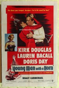 2h996 YOUNG MAN WITH A HORN 1sh '50 jazz man Kirk Douglas kisses sexy Lauren Bacall + Doris Day!