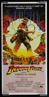 2j457 INDIANA JONES & THE TEMPLE OF DOOM Vaughan art style Aust daybill '84 art of Harrison Ford by Mike Vaughn!