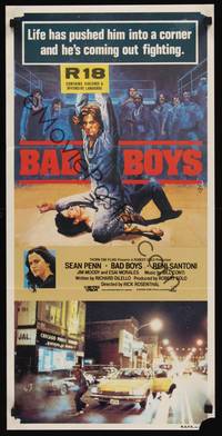 2j351 BAD BOYS Aust daybill '83 wild artwork of Sean Penn in brutal prison fight!