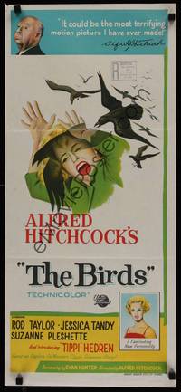 2j355 BIRDS Aust daybill '63 Alfred Hitchcock, art of Tippi Hedren attacked by birds!