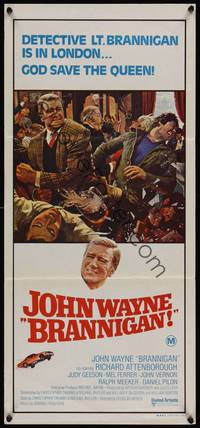 2j362 BRANNIGAN Aust daybill '75 Douglas Hickox, great art of fighting John Wayne in England!