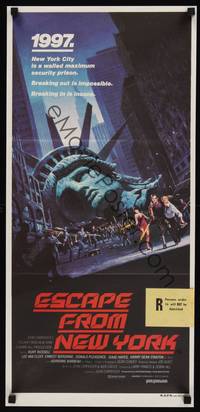 2j404 ESCAPE FROM NEW YORK Aust daybill '81 Carpenter, art of decapitated Lady Liberty by Barry E. Jackson