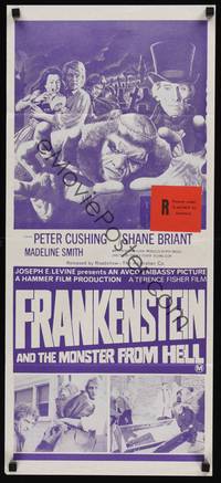 2j418 FRANKENSTEIN & THE MONSTER FROM HELL Aust daybill '74 horror art of killer monster!