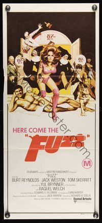 2j424 FUZZ Aust daybill '72 wacky art of naked Burt Reynolds & sexiest cop Raquel Welch!