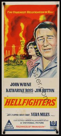 2j444 HELLFIGHTERS Aust daybill '69 art of John Wayne as fireman Red Adair & Katharine Ross!