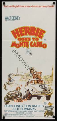 2j445 HERBIE GOES TO MONTE CARLO Aust daybill '77 Disney, art of Volkswagen Beetle car racing!
