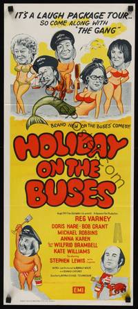2j447 HOLIDAY ON THE BUSES Aust daybill '73 English Hammer comedy, wacky artwork of cast!