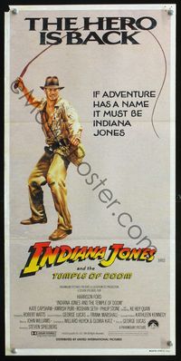 2j458 INDIANA JONES & THE TEMPLE OF DOOM Hero is Back style Aust daybill '84 Harrison Ford is back w/his whip!