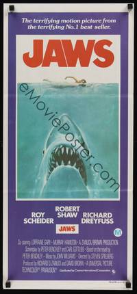 2j464 JAWS Aust daybill '75 art of Steven Spielberg's classic man-eating shark attacking swimmer!
