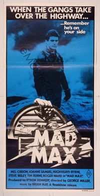 2j485 MAD MAX Aust daybill R81 cool art of wasteland cop Mel Gibson, George Miller sci-fi classic