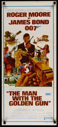 2j491 MAN WITH THE GOLDEN GUN Aust daybill '74 Roger Moore as James Bond by Robert McGinnis!