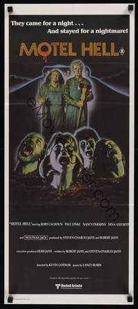 2j503 MOTEL HELL Aust daybill '80 wild horror art, they came for a night, stayed for a nightmare!